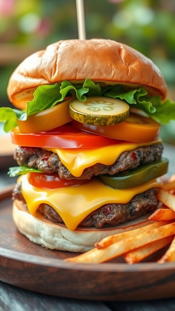 A juicy cheeseburger with lettuce, tomato, pickles, and melted cheese on a toasted bun, next to a serving of crispy fries.
